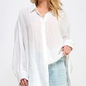 Miilla White Oversized Gauze Button-Down Shirt Textured Long Sleeve Peter Pan L